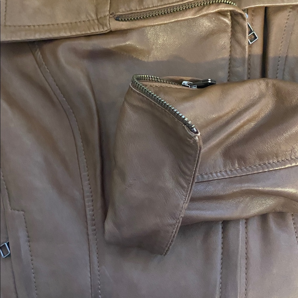 Danier Tan Brown Soft Classic genuine Leather Moto Biker Zip Up Jacket Sz S - Picture 17 of 17